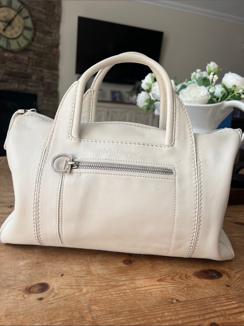 Salvatore Ferragamo White Leather Satchel with Silver Hardware
